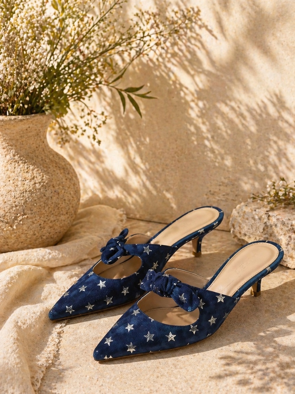 J.Crew Blue Star Print Suede Mules Kitten Heel Slip On Size 6.5